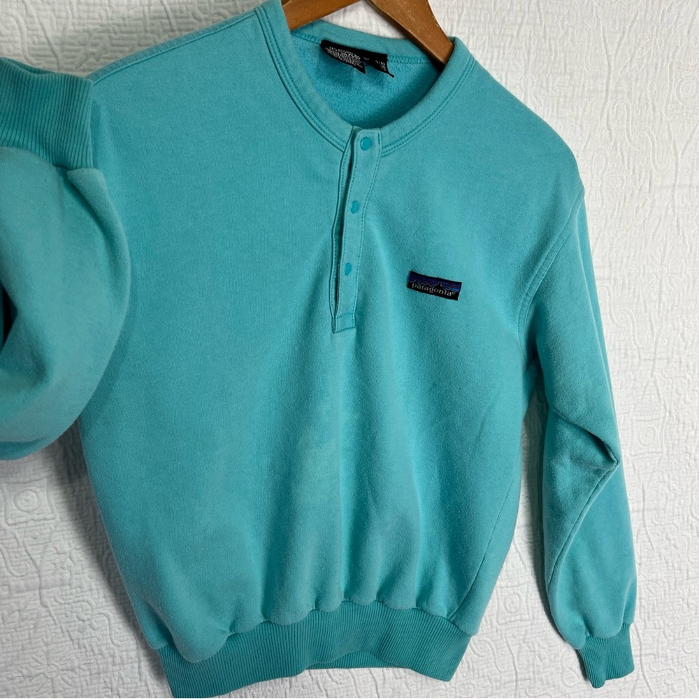 Vintage 86 Patagonia Womens 9 10 Sweatshirt Henley Snap Crew Pullover Blue Top - Picture 16 of 16